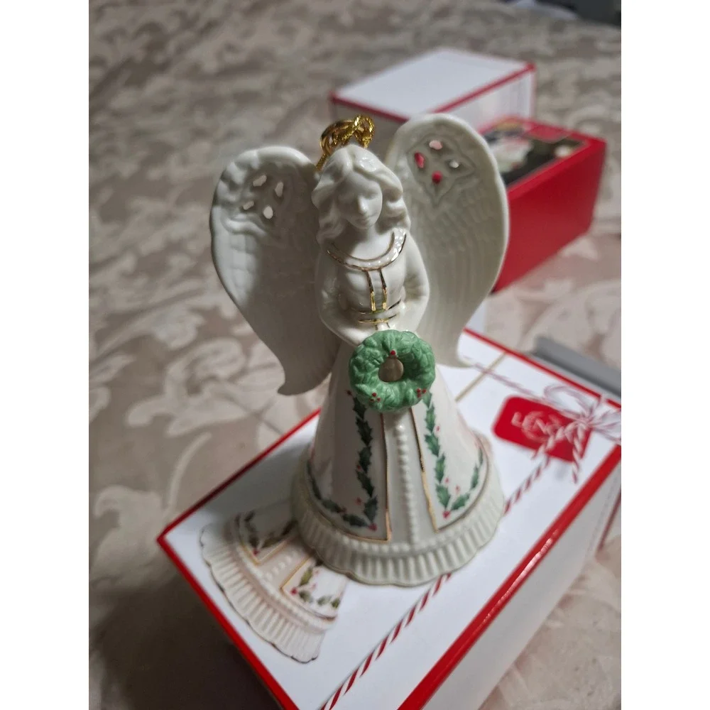 Lenox Holiday Angel Bell Ornament 6in Ivory Porcelain Holly Wreath 879206